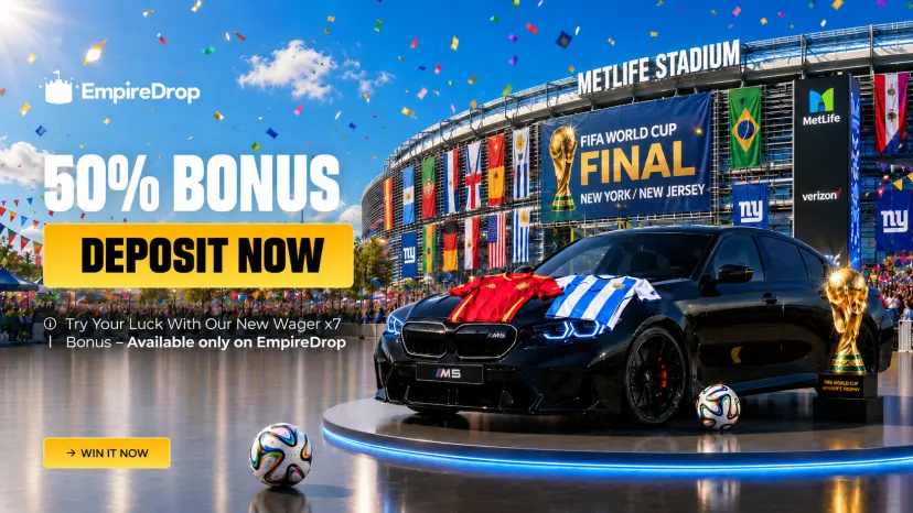 Empire Drop casino homepage banner with featured mystery boxes