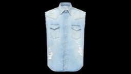 Sleeveless Distressed Washed Denim Shirt - Light Blue