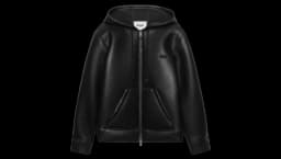 Zip-Up Embroidered Logo Leather Hoodie - Black