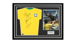 Pele, Gerson, Jairzinho & Carlos Alberto Front Signed Brazil 1970 Retro Shirt In Hero Frame: Option 1