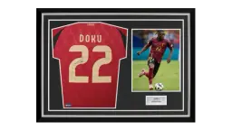 Jeremy Doku Back Signed Belgium 2024 Home Shirt In Hero Frame: Option 1