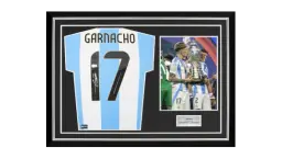 Alejandro Garnacho Back Signed Argentina 2024-25 Home Shirt In Hero Frame: Option 1