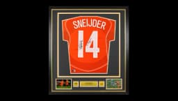 Wesley Sneijder Official World Cup Back Signed and Framed Netherlands 2004 Home Shirt: 134 International Caps Inscription
