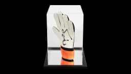 Peter Schmeichel Signed Orange Adidas Goalkeeper Glove In Acrylic Case