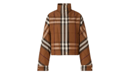 Check Funnel-Neck Cropped Jacket - Brown